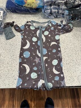 Little Sleepies Space Print Zip Footie - Gray with Blue Accents